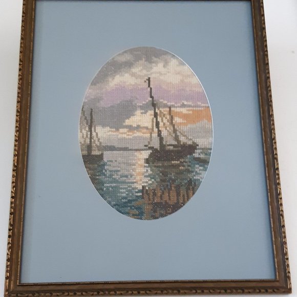 VTG Antique Sail Boats Needlepoint 2 Pictures Framed 14.25" X 11.25" Nautical - Picture 2 of 10